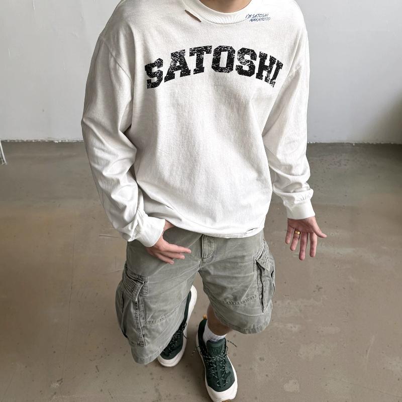 SATOSHI NAKAMOTO Vintage Washed Cotton Long Sleeve T-Shirt Men Women Unisex Oversized Retro Letter Graphic Crew Neck Streetwear Tee