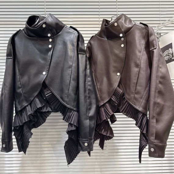 2026 Autumn New Fashionable Spicy Girl Split Hem Lace Trim Stand Collar PU Leather Jacket