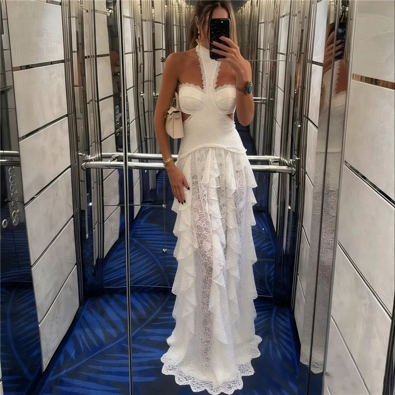 Sexy Cut Out Halter Lace Maxi Dress Sheer Tiered Ruffle See Through Long Gown Backless Slim Bodycon Party Club Night Women Dress 260917