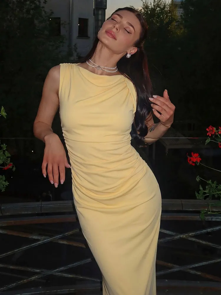 HH Womens Trendy Yellow Ruched Dress Slim Sleeveless Zipper Streetwear Weekend Elegant Party Casual Summer Vacation Dress 260917