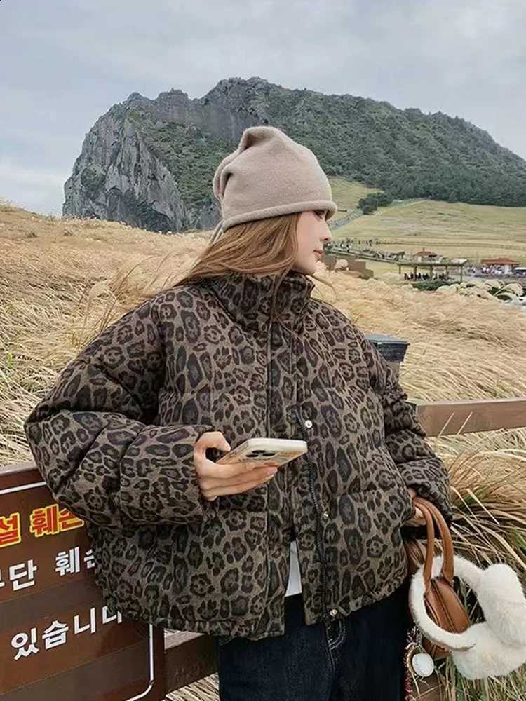 Vintage Leopard Print Parkas Coats Women Winter Warm Standing Collar Crop Down Jacket Y2K Streetwear All Match Zipper Outerwear H260917