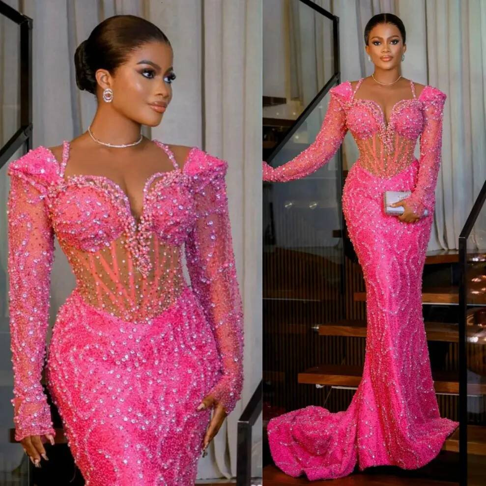 2025 Aso Ebi Fuchsia Prom For Black Women Promdress Evening Dresses Elegant Illusion Long Sleeves Beaded Lace Sparkling Birthday Reception Gowns Dre