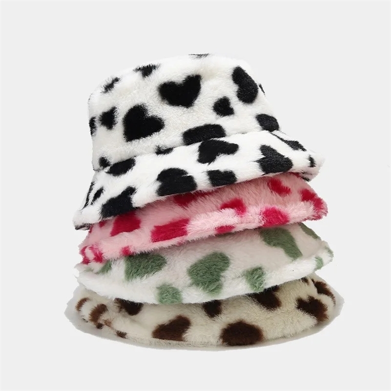 2024 Winter Heart Print Faux Fur Fluffy Bucket Hat Women Outdoor Warm Hats Soft Velvet Furry Fisherman Caps Girl Fashion Panama260915ww