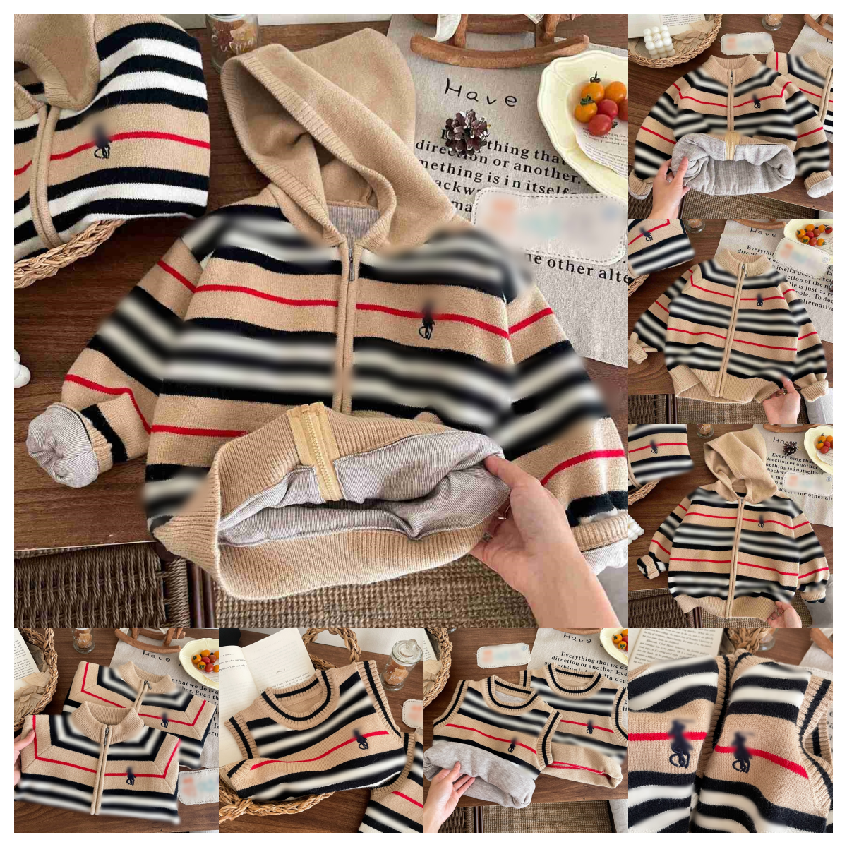 Designer Polo Kids Sweater Hooded Zip Up Knit Jacket Khaki Striped Fleece Lined Coat Boys Girls Japanese Korean Style Autumn Winter Warm Casual