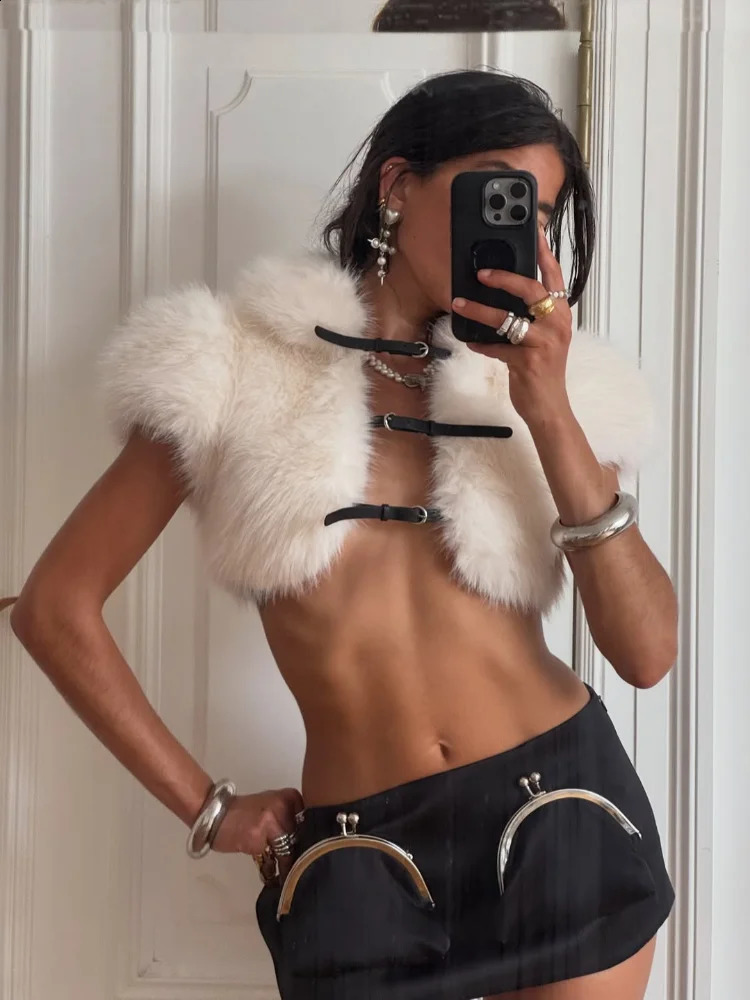 Chic Fluffy Women Fur Jacket Lapel Collar Short Sleeve Lace Up Buckles Cardigan Tops Casual Warm Street Daily Winter Vests 260917