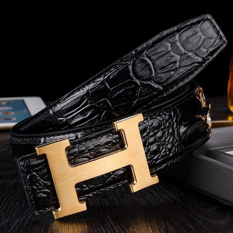 Men's genuine leather black business with copper H-shaped buckle, crocodile-patterned design; a trendy, popular, and luxurious belt for Instagr