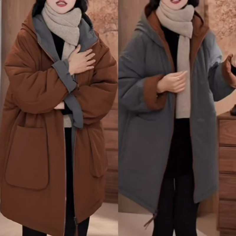 Big Size Women Clothes Winter Warm Reversible Wear Hooded Cotton Jacket Loose Versatile Mid-Length Outerwear Parka Puffer Jacket H260917