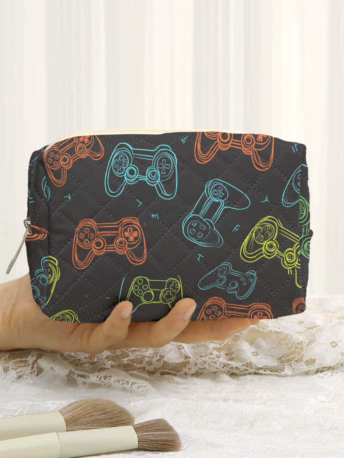 Cosmetic Large Quilted Bag Neon Sketch Game Controller Print Zipper Makeup Bag Boys Gamer Daily Travel Storage PouchT260917