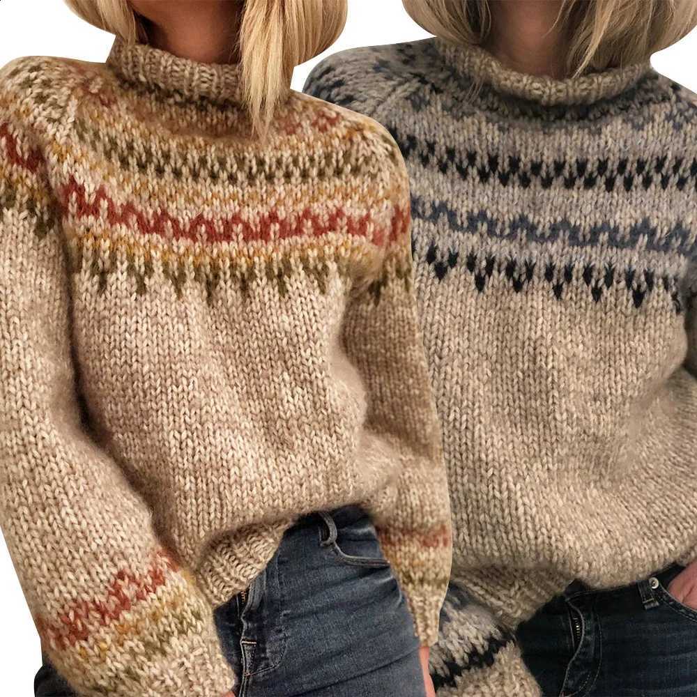 Long Pullovers Sweater Women Knitted Sleeve Turtleneck Jumpers Print Sweaters Loose Fit Spring 2025 High Street Sports J260916