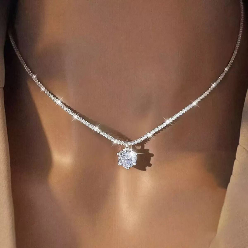 GRA 6 Prong Crown Pendant Necklace S925 Sterling Silver Sparkling Cauliflower Chain for Women Fine Jewelry 260915