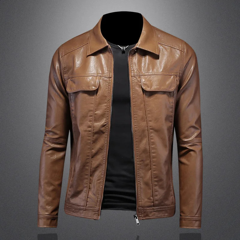 Men's Jacket Spring and Autumn Handsome Solid Color Collar Motorcycle Leather Coat Slim Fashion M5XL 260917