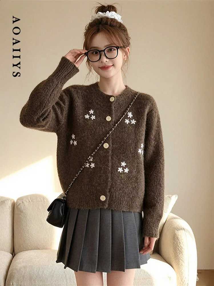 Embroidery Aoaiiys Sweater Floral Women Cardigan Single Breasted Korean Fashion Knitwear Autumn Winter Warm Long Sleeve Cardigan J260916