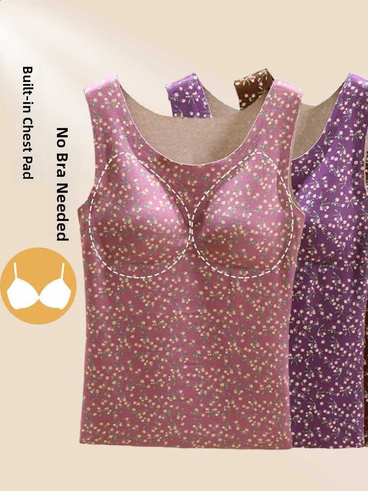 Warm Fleece Lined round Neck Vest Large Size Winter Thermal Wear Underwear Slimming Floral Print Comfortable Home Top for Women H260916