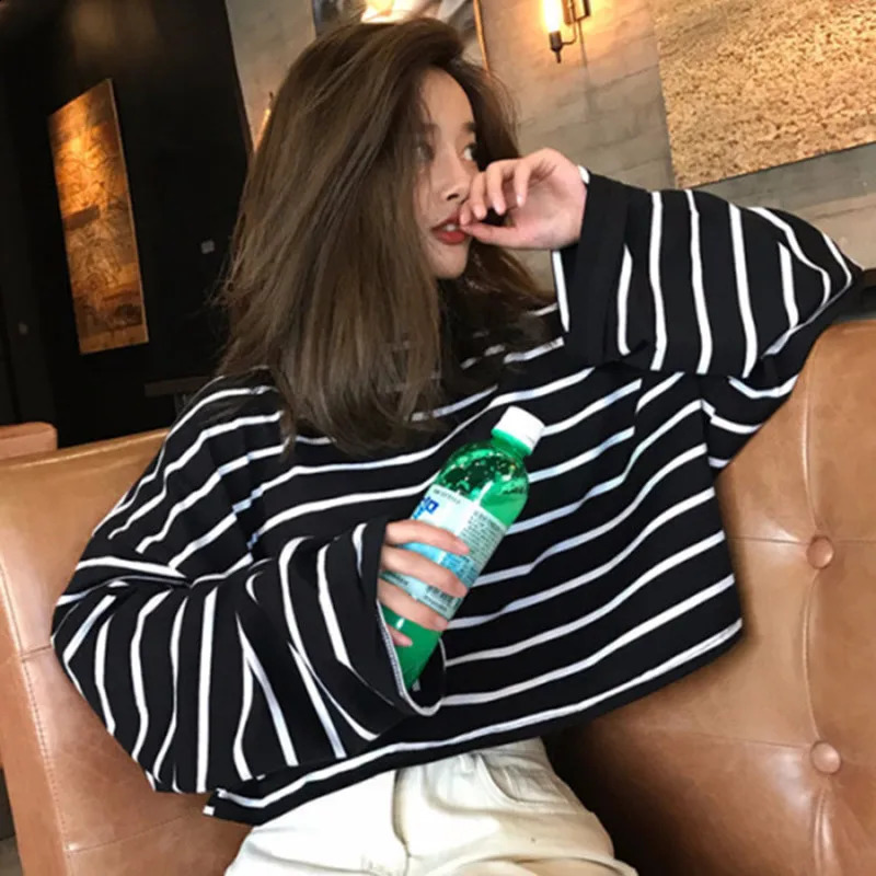 Women Spring Summer T-Shirt Lady Long-Sleeve Loose Plus-Size Striped Top Casual Basic Round-Neck T-Shirt Girls Students Tops 260917