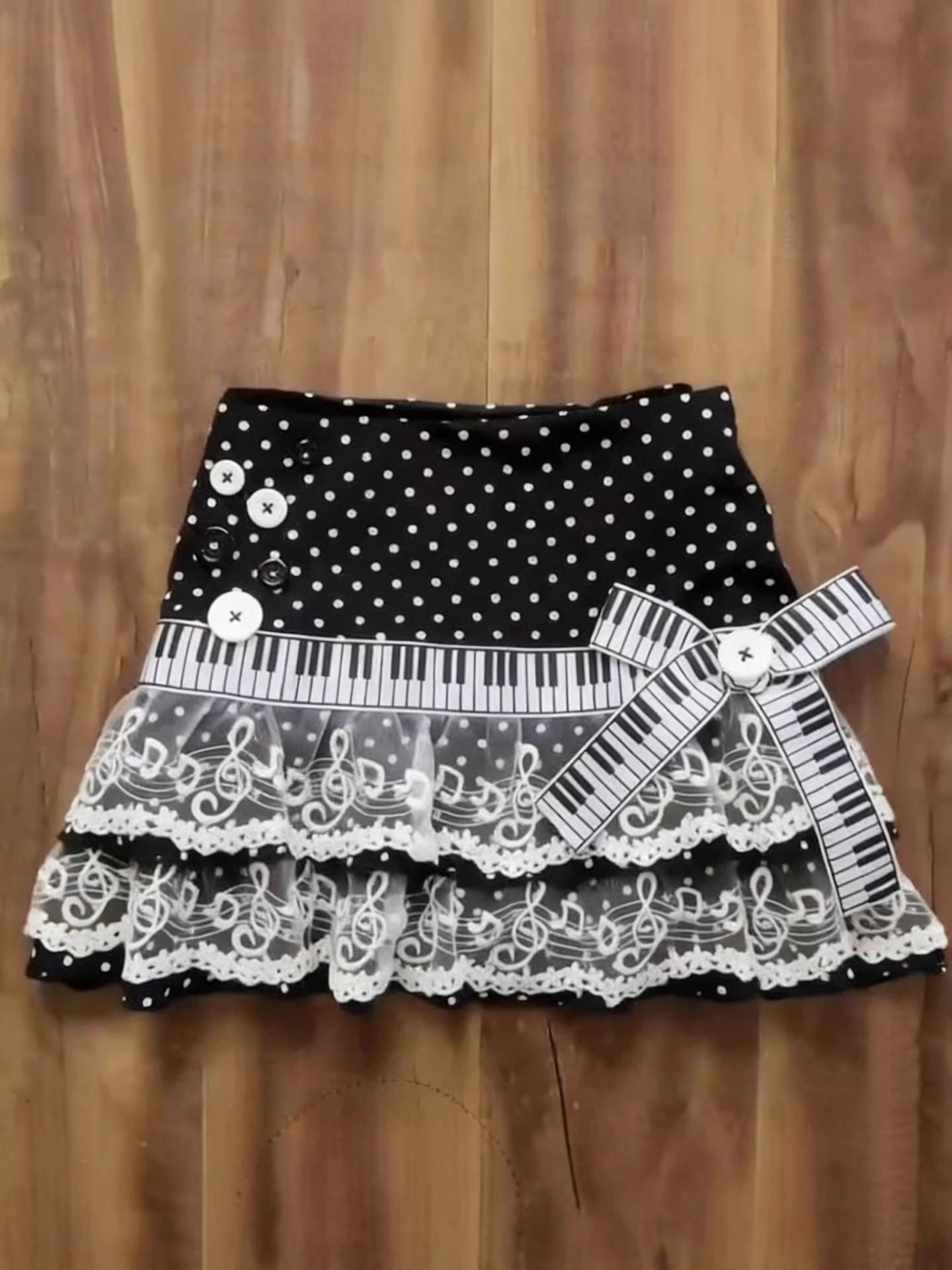 2026 cross-border European American black polka dot piano note lace short skirt with bow decoration, preppy and cool style 59