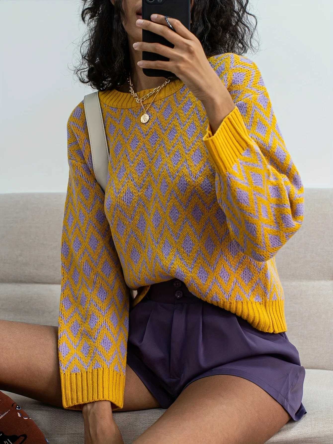 New Argyle Knit Pullover 2026 Women Classic Plaid Long Sleeve Crew Neck Loose Casual Elegant Daily Knit Sweater Top J260916