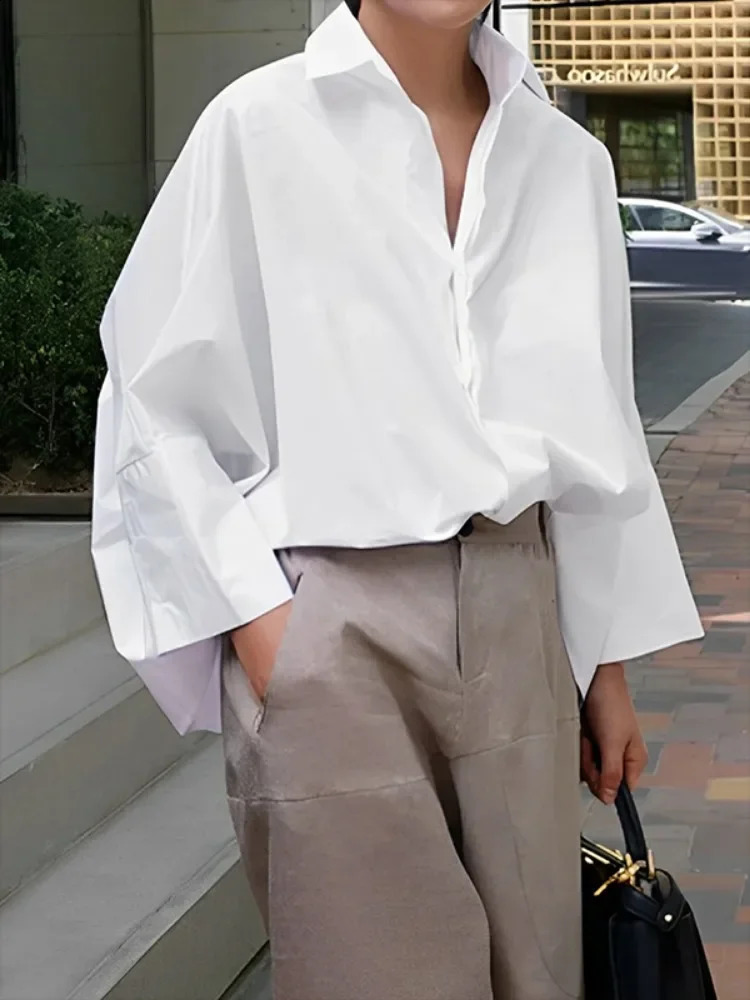 Freeacy White Black Solid Color Shirt for Women Cotton Blended Lapel Long Sleeves Loose Fit Blouse 2026 Summer Buttoned T-shirt 260917