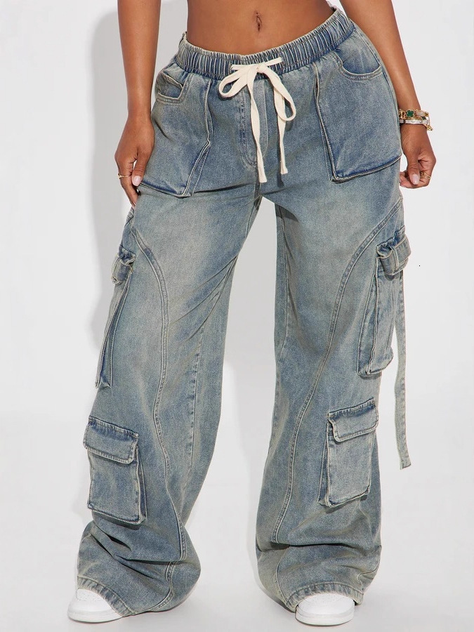 Cross-border workwear jeans, American retro high-street hip-hop style, elastic waistband, fashionable, multi-pocket, straight-leg, wide-leg long pan