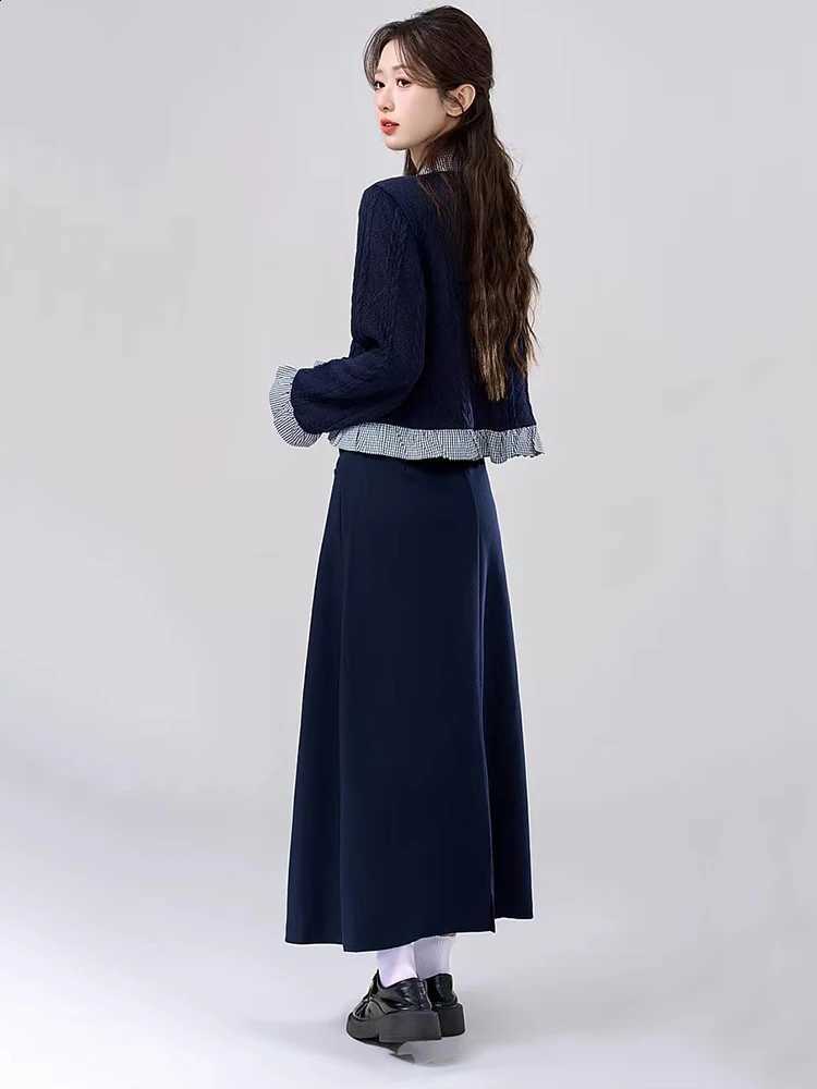 2 Autumn Elegant Splicing Skirt Piece Woman Y2K Korean Preppy Warm Knit Tops Y2K Female Loose Long Sleeve Crop Party Skirt SetsW260915