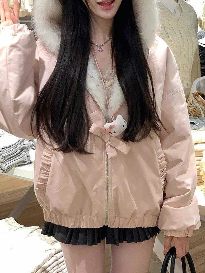 Fur Kawaii Y2K Jacket Winter Collar Sweet Hooded Women Thick Jacket Casual Tops Zipper Loose Fashion Hooded Coat New Clothes H260917