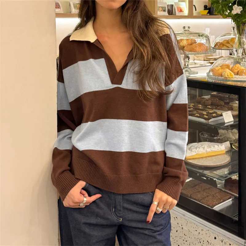 Casual Fall Crewneck Sweatshirts Womens Y2K Striped Sweatshirt Lapel V Neck Pullover Sweater Soft Stretchy Long Slve Top S260917H5FE