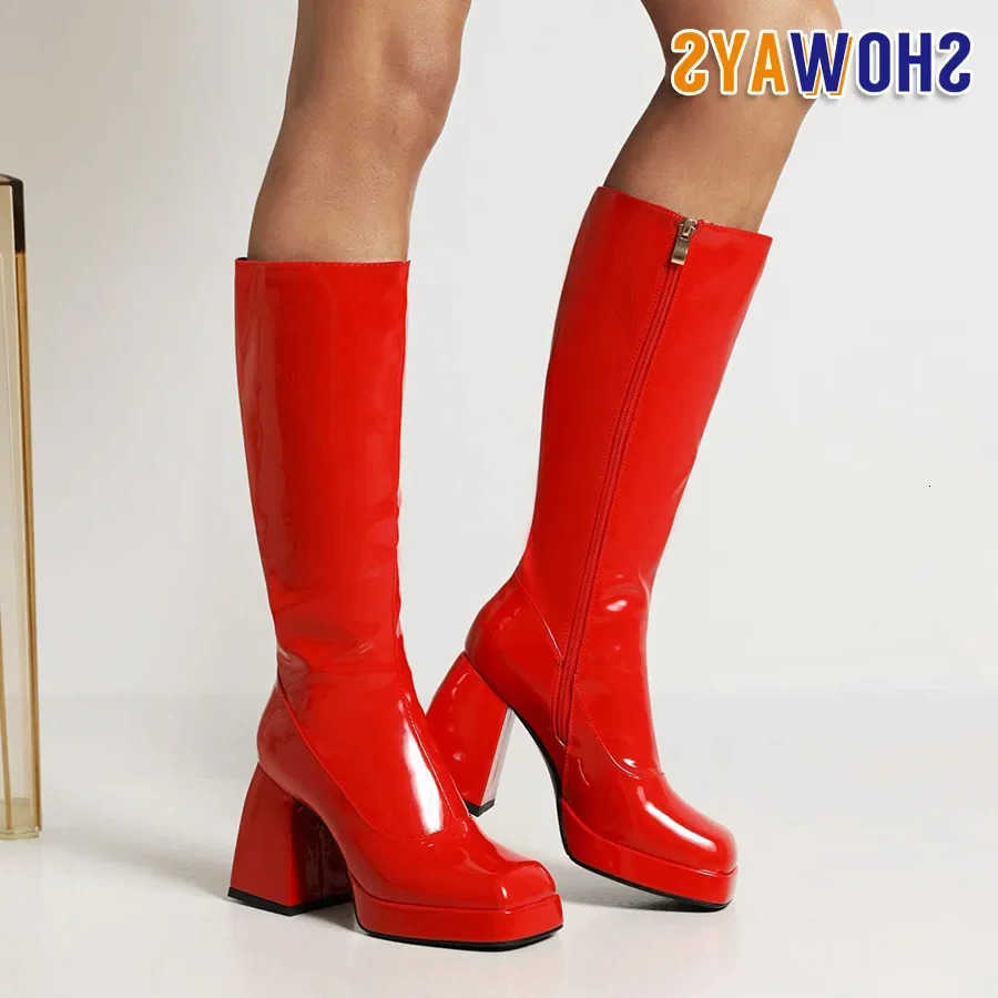 Sexy Women Platform Knee High Boots Winter Square Heel White Red Patent Leather Party Show Ladies Street Zipper Street Long Boot D260917