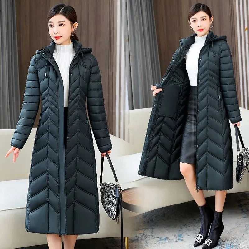 2025 NEW Winter Hooded Down Jacket 5XL Women's Warm Parka Fashion Down Cotton Women Long Coat Slim Temperament Female Overcoat H260917