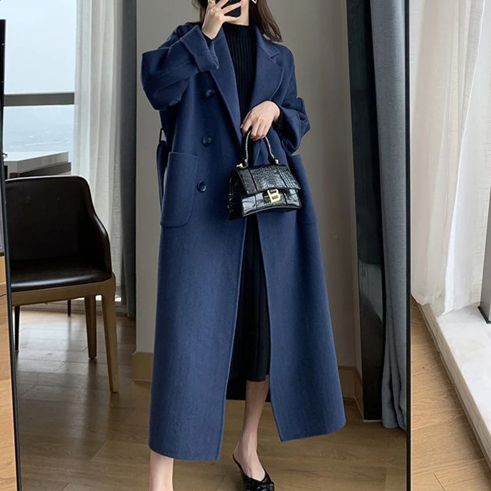 Autumn Winter Coat Women Chic Decent Solid Color Double Breasted Long Sleeve Lapel Long Office Lady Coat For Women260917