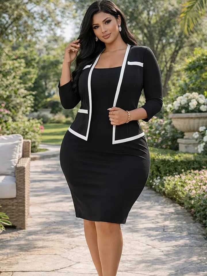 2/3 Sleeve Womens Color Block Plus Size Workwear Knee Length Autumn Slim Casual Party Bodycon Pencil Dress C260917