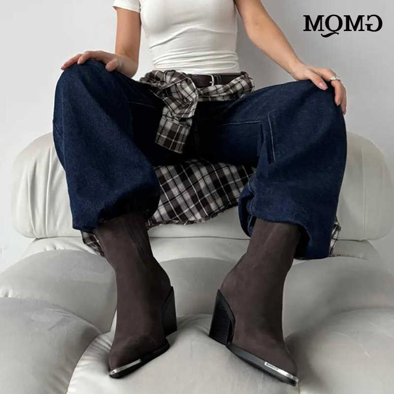 2025 New Solid Color GMQM Western Boots Women Booties Ankle Block Heels Wide Calf Pointed Toe SlipCasual Brown Shoes D260917