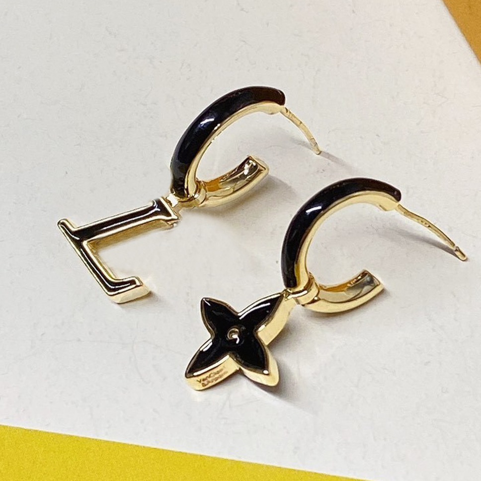 Asymmetric Enamel Hoop Earring Black Gold Plated Luxury Designer Jewelry Women Fashion Letter Flower Drop Earring Party Gift Orecchin...i
