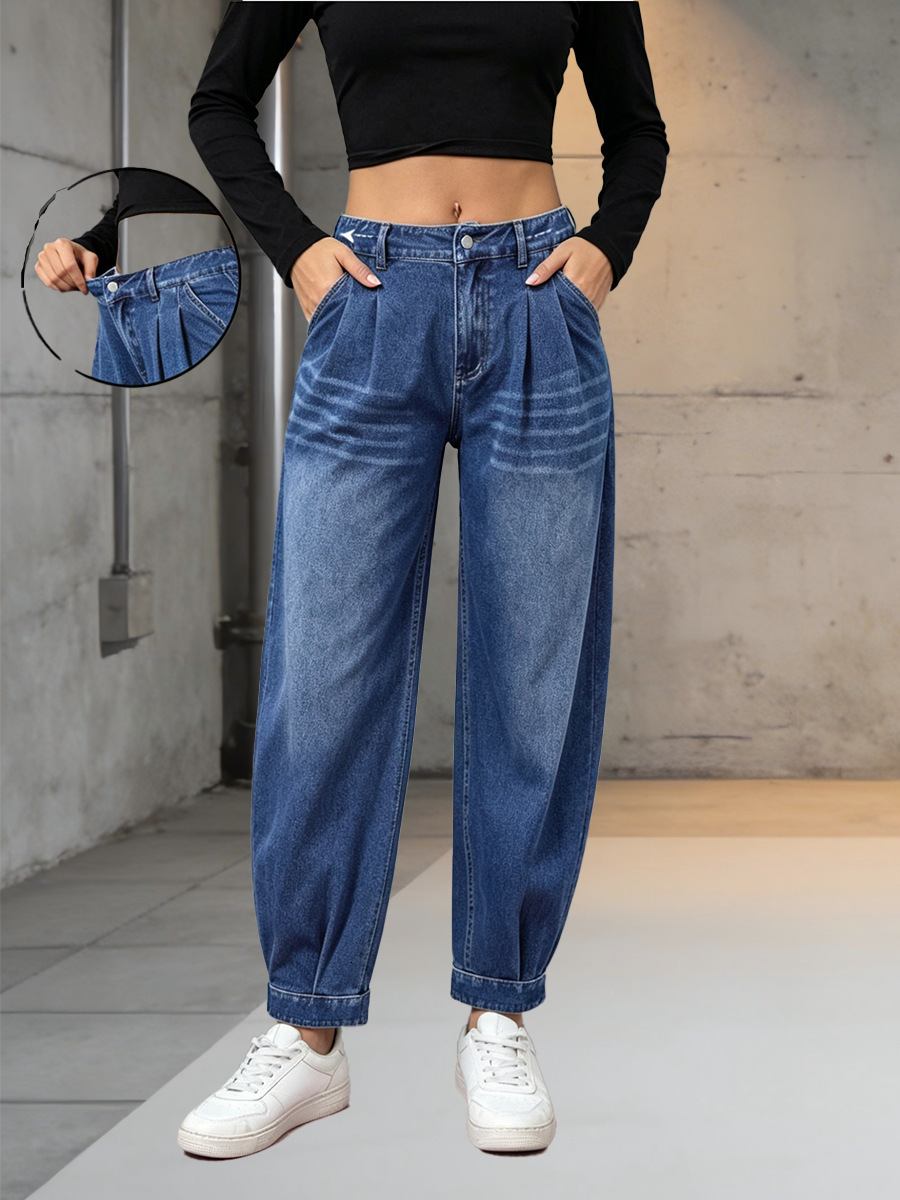 Cross-border European American style new casual loose-fit elastic waist washed and distressed denim cropped pants 55