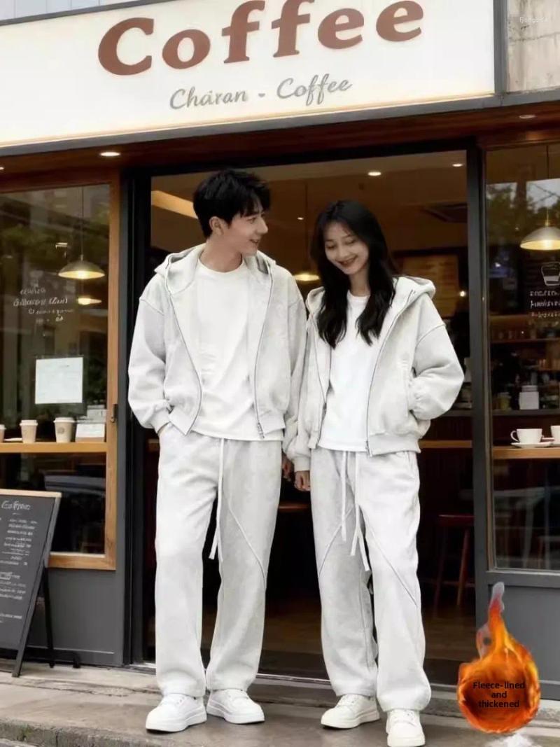 Men's Tracksuits Autumn Winter Fce Lined Color Casual Sports Set Faionable Versatile Two Piece Couple's Jaet Pants Ensemble