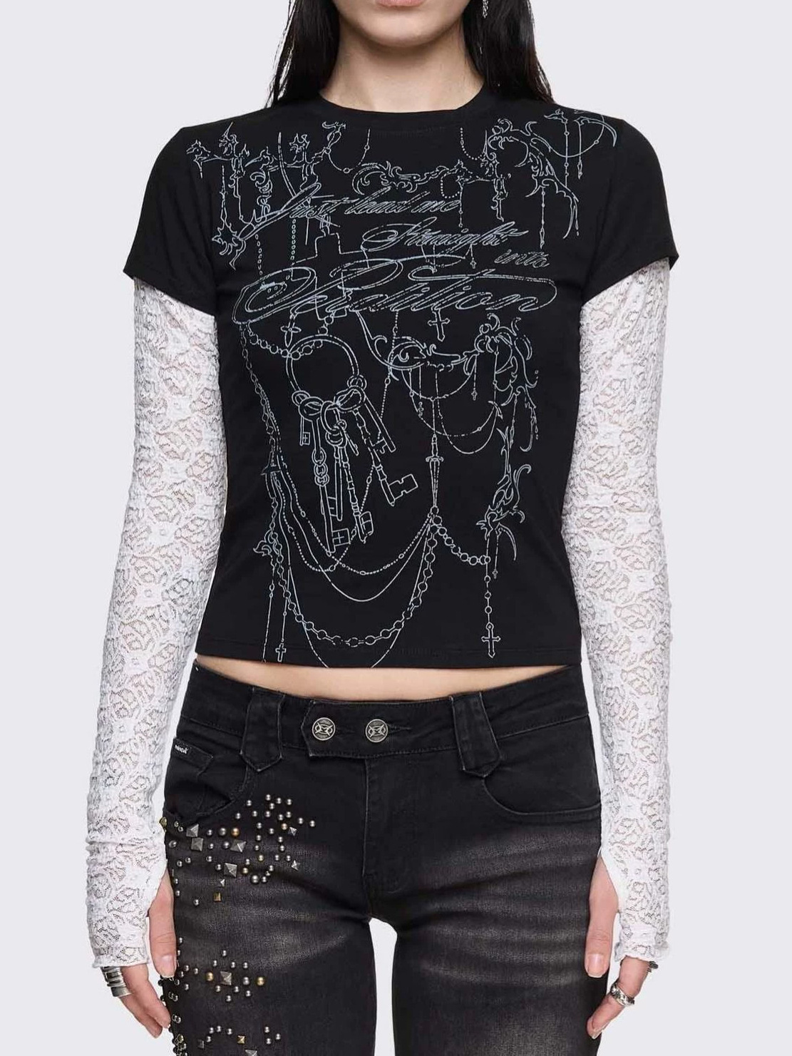 2026 new printed t-shirt for women, spring outerwear, niche base layer, unique long-sleeved faux two-piece top 2b