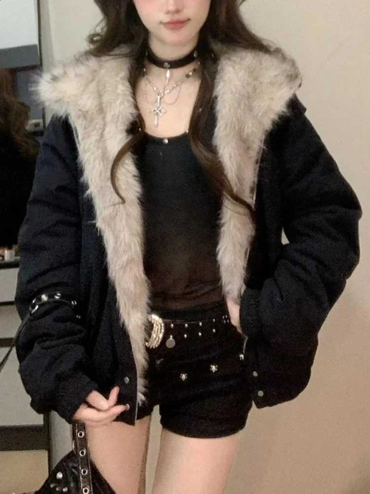 Elegant Liner Fur Collar Hood Loose Coat Women Y2k Thick Fashion Parkas Casual Tops Outerwear Padded Jackets Winter New Clothe H2609171