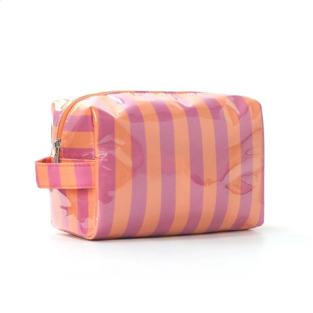 Waterproof Striped Toiletry Bag Pink Simple Travel Cosmetic Storage Portable Large Capacity PVC Makeup Organizer 260917