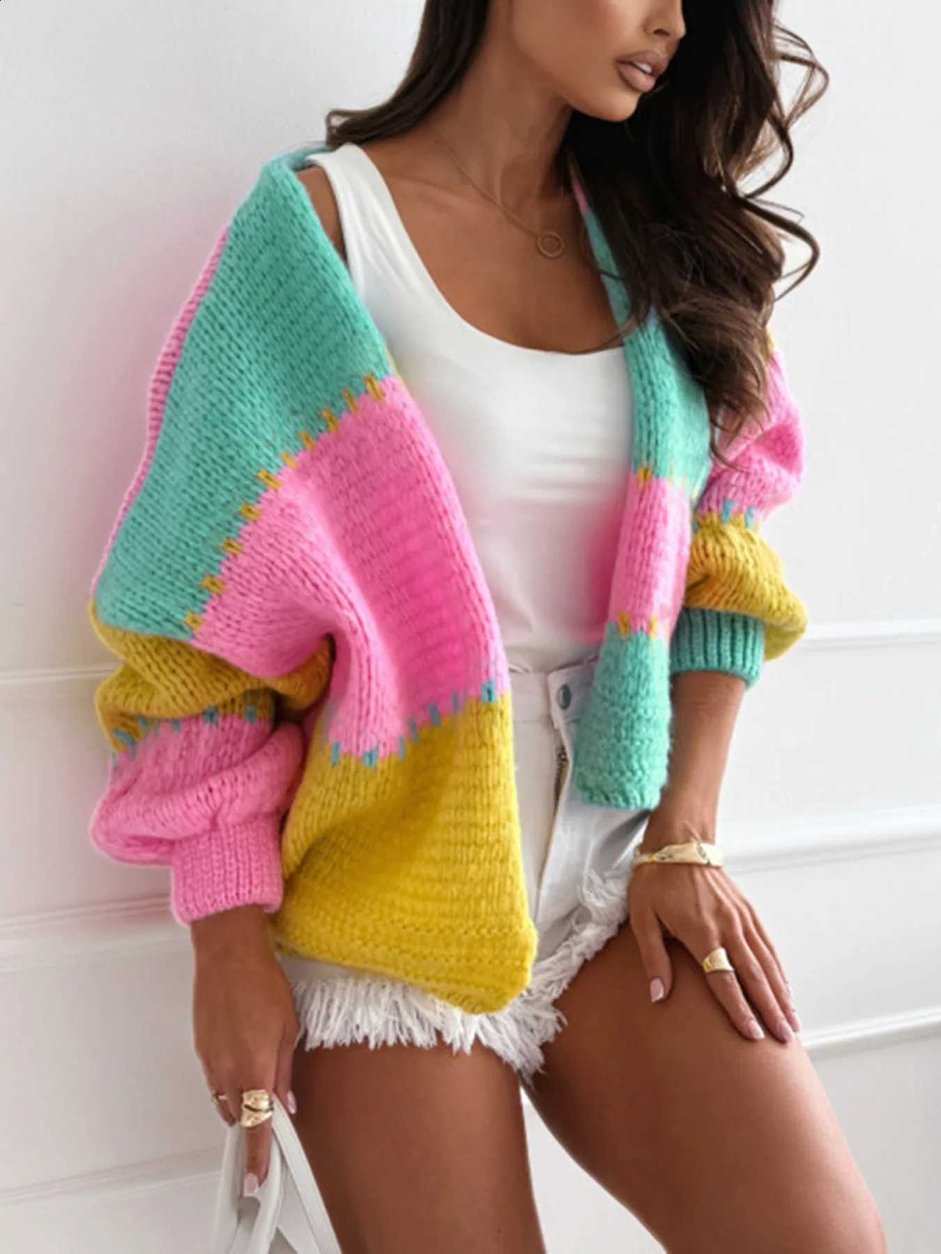 Autumn and Winter New Women's Flared Sleeve Splicing Color Blocked Woolen Cardigan INS Style Elegant Casual Loose Color Sweater X260916
