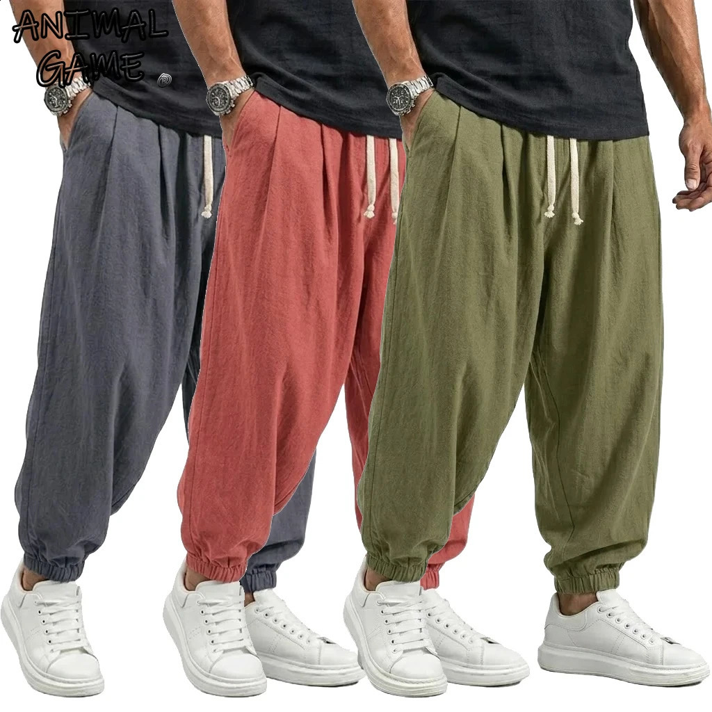Korean Linen Cotton Pants Men's Gym Man Trousers Casual Work Pants Man Spring Harem Pants Autumn Drawstring Loose Streetwear Man 260916