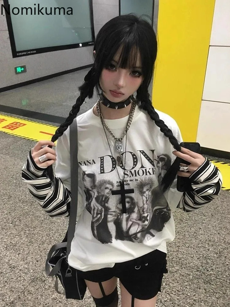 Long Sleeve Two Tshirts Women Print Patchwork Striped Loose Camisetas Casual O-neck T-shirts Y2k Tops Fashion Korean Tees 260917