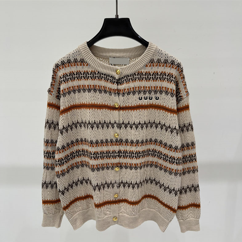 Designer Women Fair Isle Embroidery Knit Cardigan Vintage Hollow Mesh Crew Neck Button Relax Outwear Autumn Vacation Travel Knit Coat