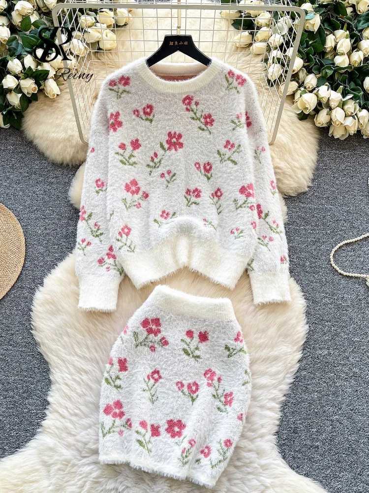 Two Floral Print SINGREINY Spring Pieces Sets Female Loose Knitted Pullovers+Mini Skirts Fashion Hot Casual Fur Knit SuitsW260915