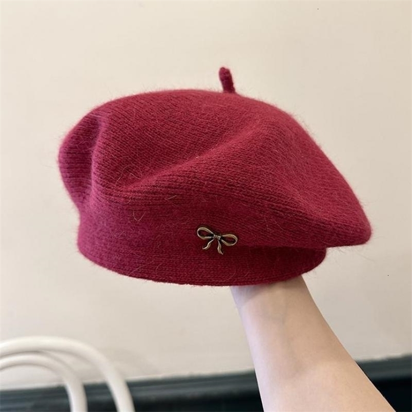 Korean-Style Metal Bow Knitted Beret Women's Autumn/Winter Casual Street Painter's Hat Trendy Warm Beanie for Daily Outfit 260916