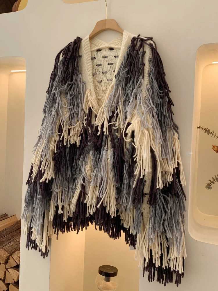 Color Block Shaggy Vintage Cardigan Jumper Loose Fringed Gradient Sweater Jacket Thick Autumn/Winter Women Outwear Knitwear J260916