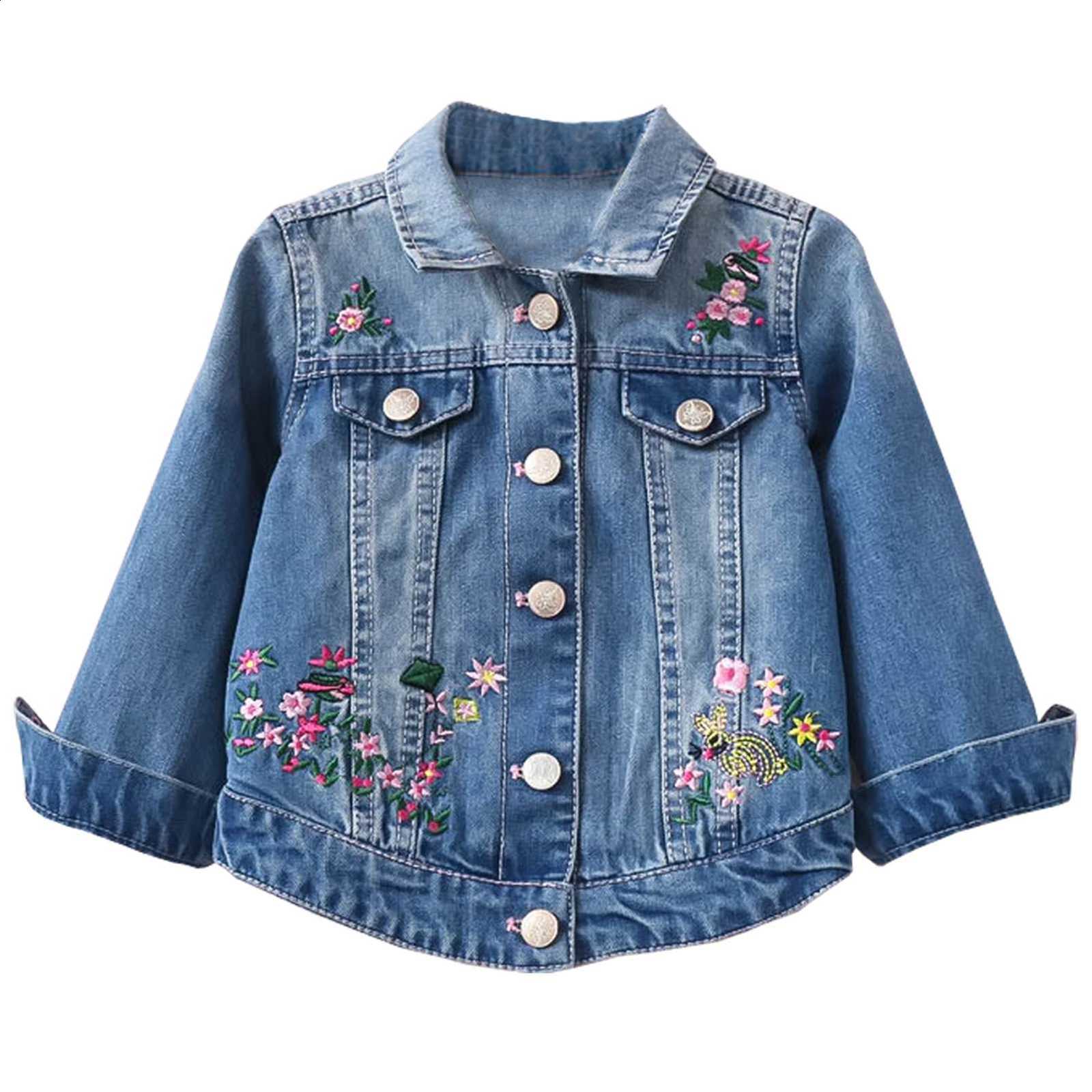 Girls Denim Embroideried Jackets Casual Babies Outerwear Kids Autumn Button Coats Cotton Lapel Tops Full Sleeve Leisure ClothesT260916