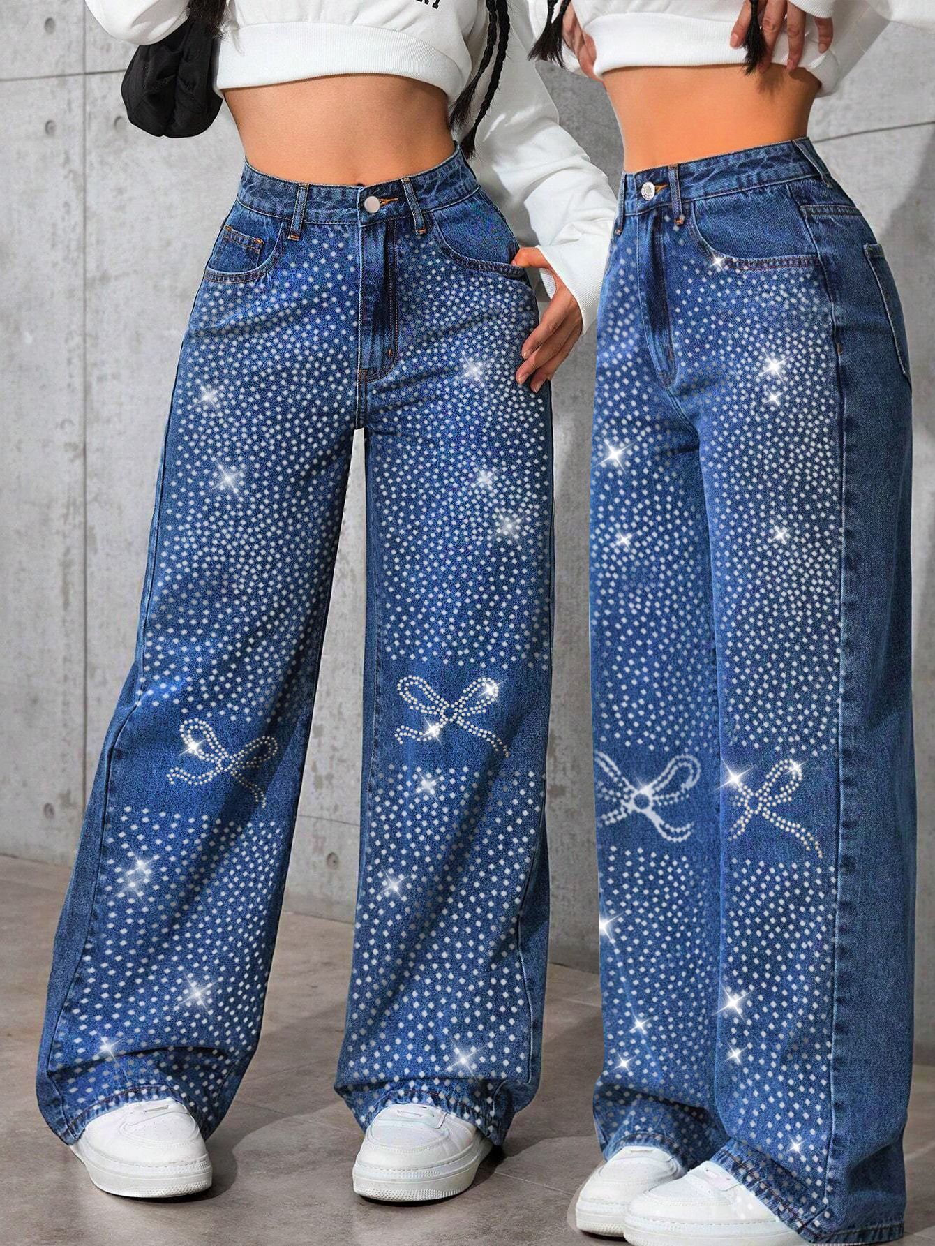 American Retro Blue Jeans for Women, Autumn and Winter 2025 New Style with Rhinestones, Butterfly Loose Straight Long Pants d3