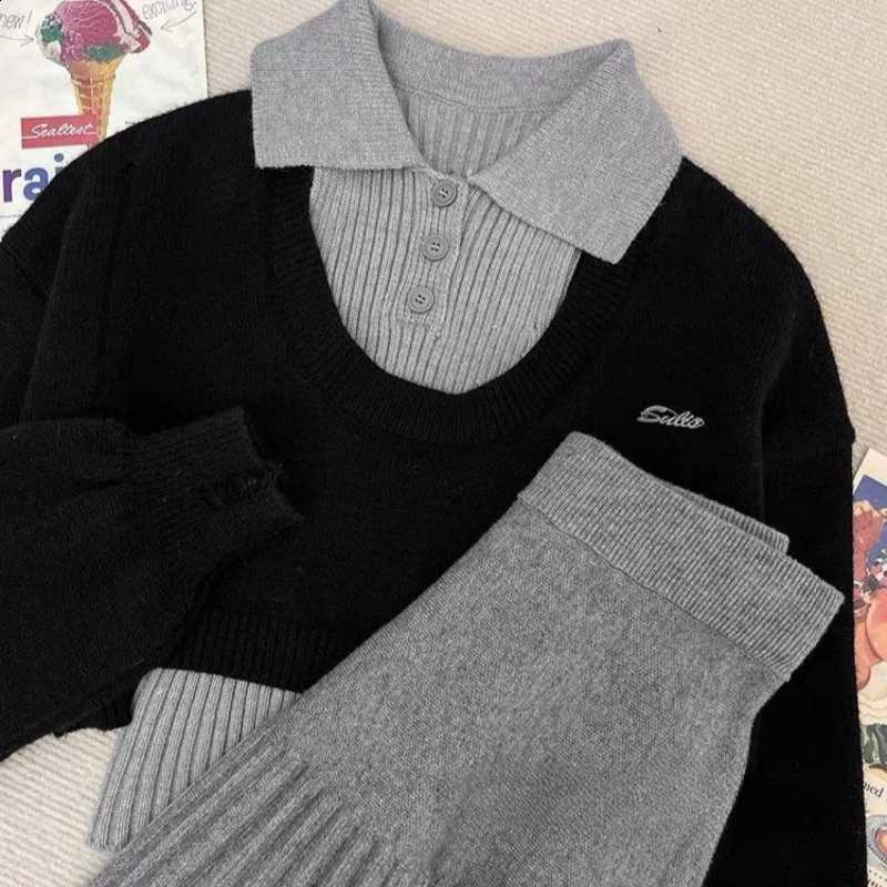 American Korean Style Retro Set Spicy Design Sense Short Knitted Sweater Women's Knitted Short Skirt Three Piece SetW260915
