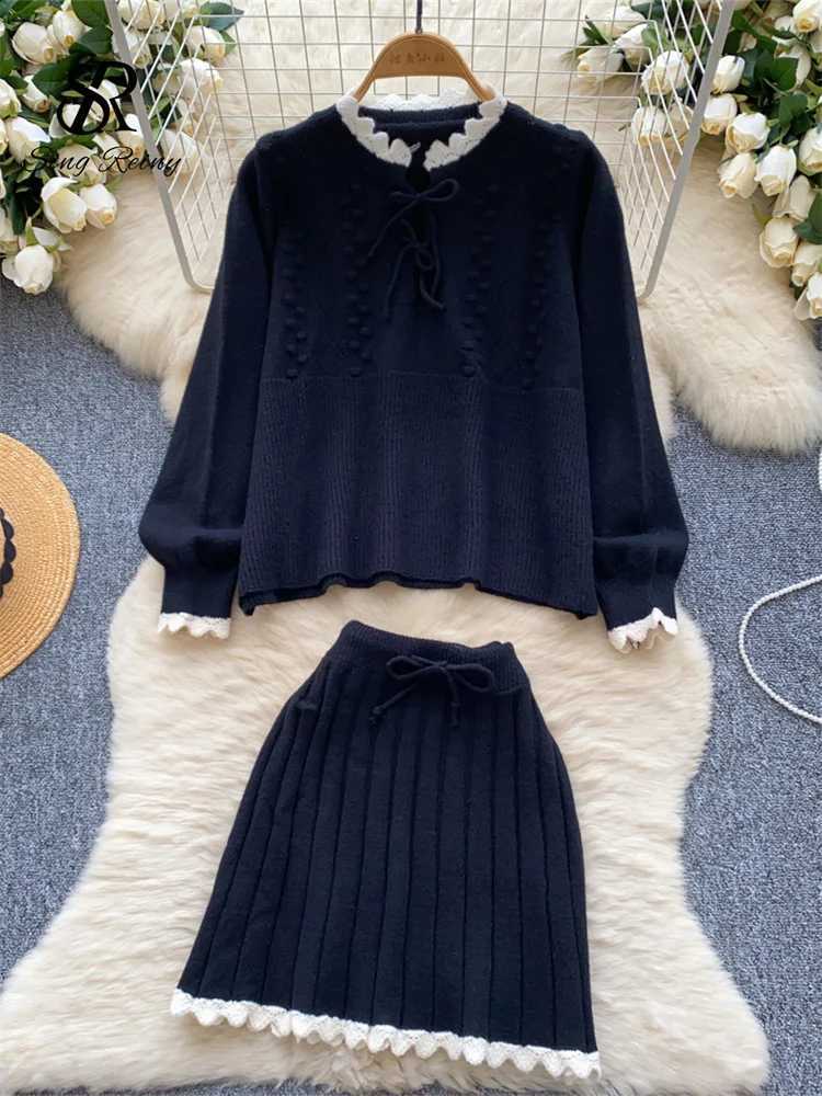 Korean SINGREINY Ladies Gentle Autumn Bow Sets Knitting Sweet Pullovers+Elastic Sweater Skirt Winter Warm Slim Two Pieces SetsW260915