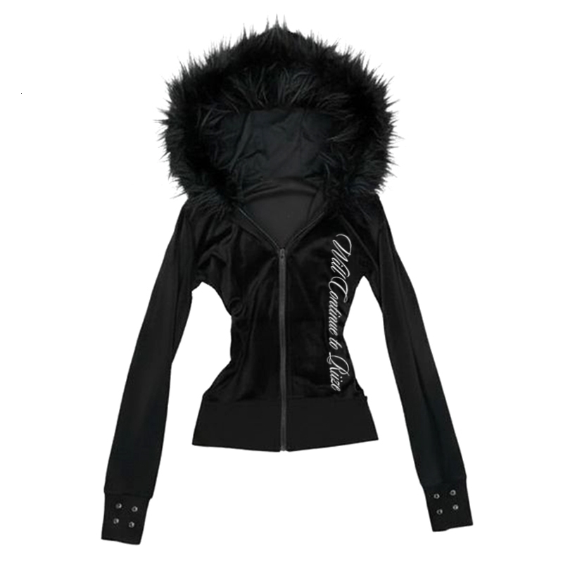 Y2K Harajuku Gothic Women's Hoodie Sexy Slim Chic Suede Fur Collar Letter Print Cardigan Sweatshirt Aesthetic Female Streetwear yy260909