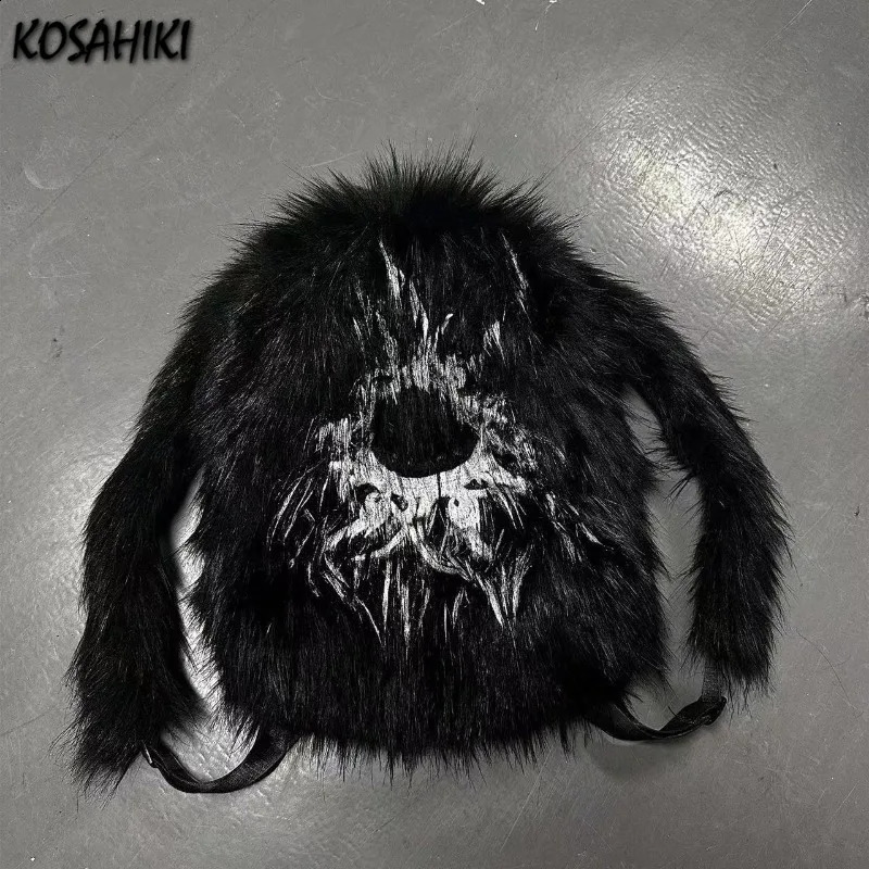 Vintage Print Fluffy Backpack Personality Y2k Aesthetic Fashion Schoolbags Women Casual Harajuku Streetwear All Match Backpacks 260916