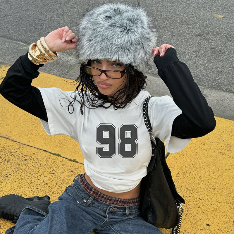 2024 foreign trade street style women's digital print two-piece look color-block T-shirt sweatshirt casual round neck loose top for autumn 4b